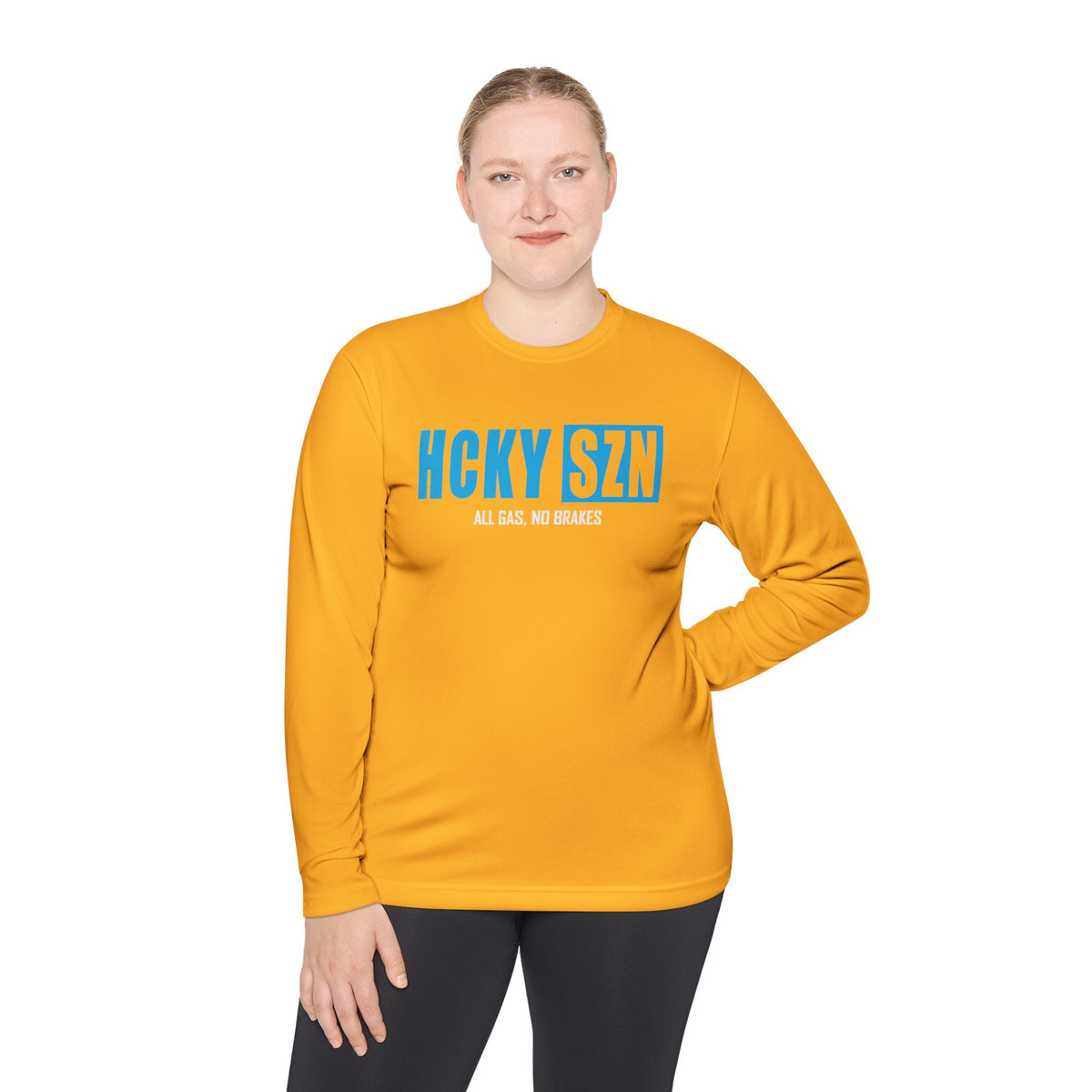 HCKYSZN (All Gas) Long Sleeve Adult Performance Tee - Gold/Sky Blue/White