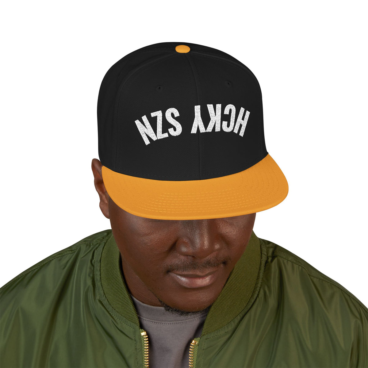 Upside Down HCKY SZN Embroidered Snapback Hat (Black/Gold)