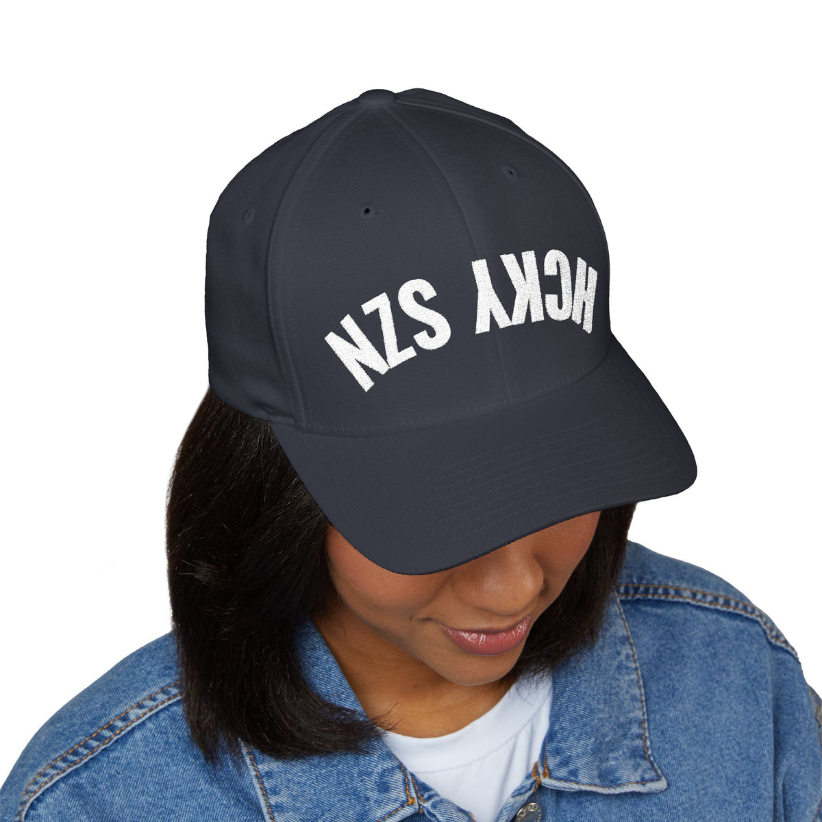 Upside Down HCKY SZN Embroidered Flex Fit Hat (Navy/White)