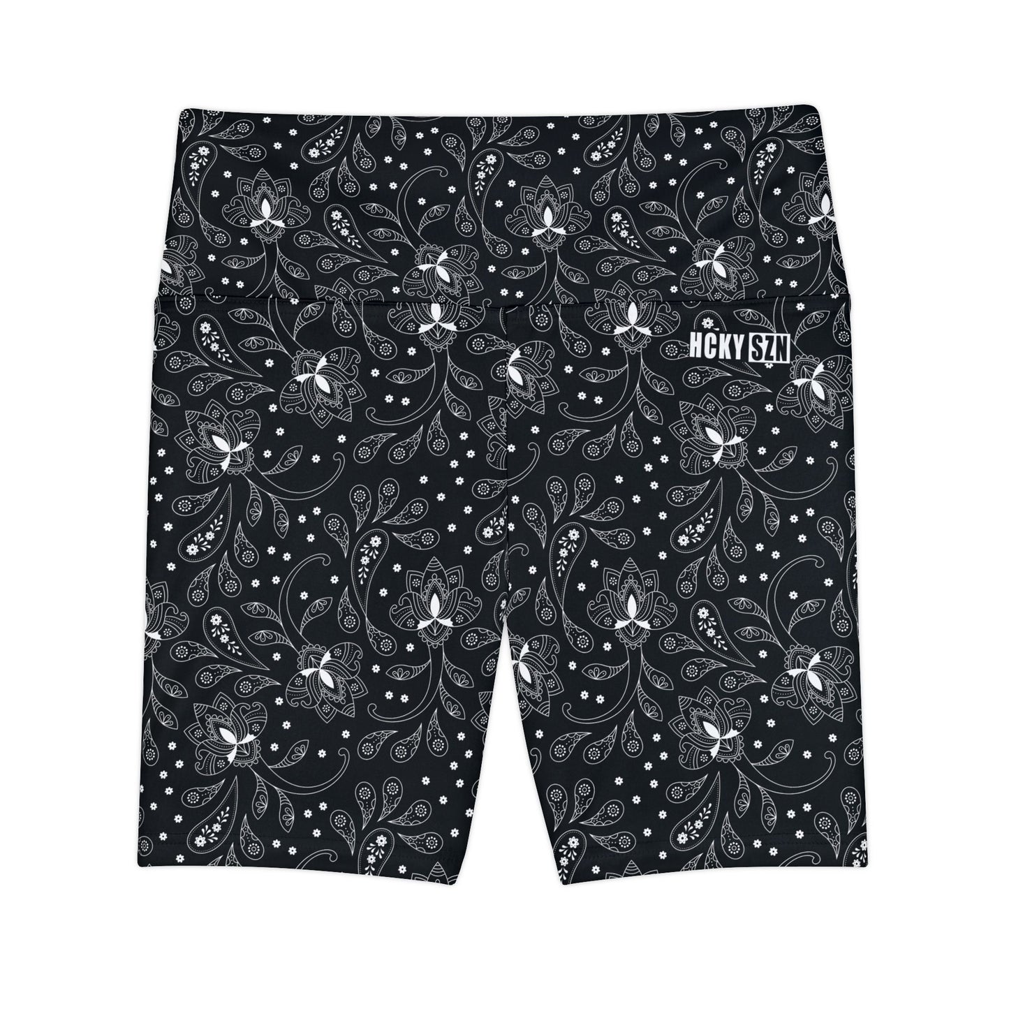 HKY SZN High Waisted Workout Shorts (Black Paisley)