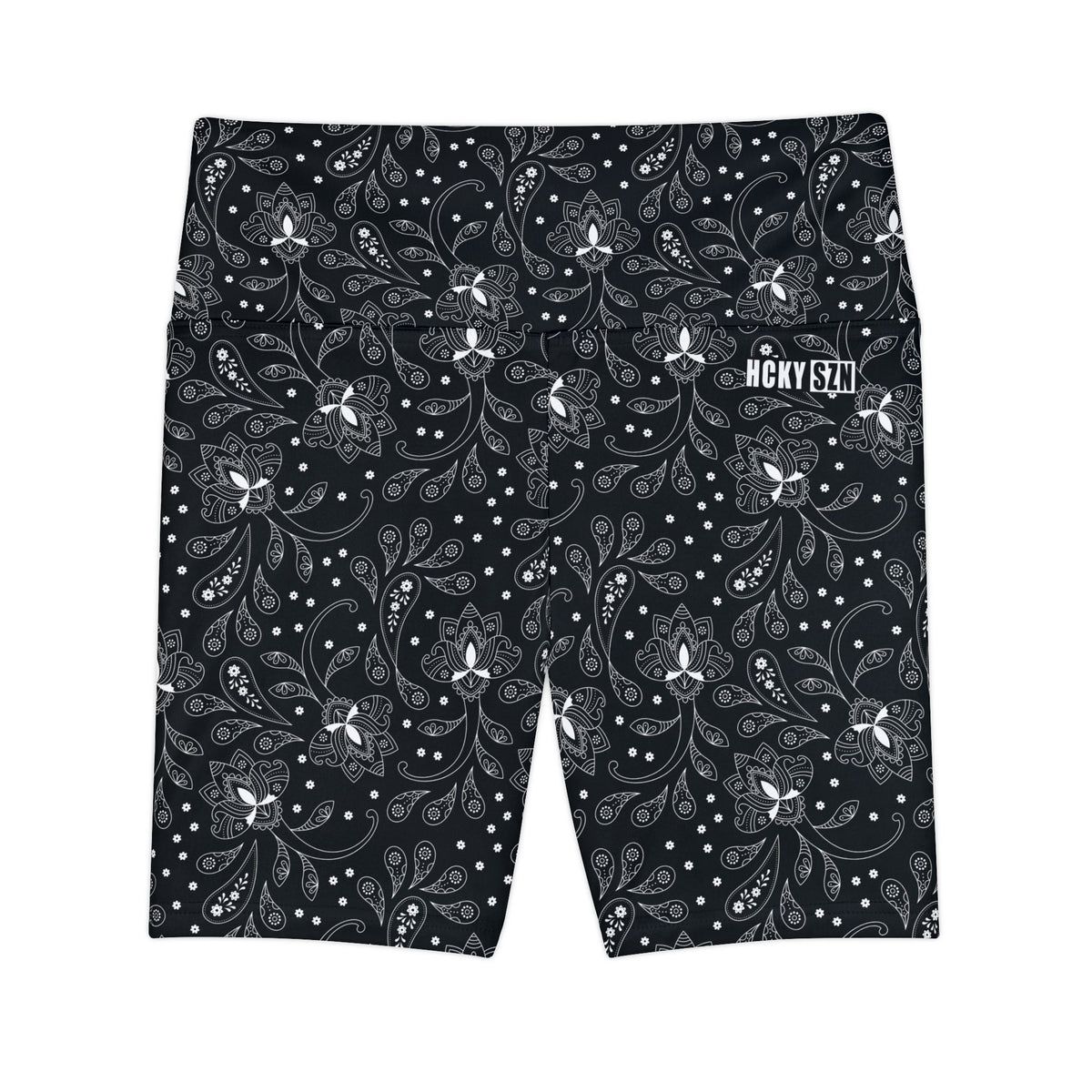HKY SZN High Waisted Workout Shorts (Black Paisley)