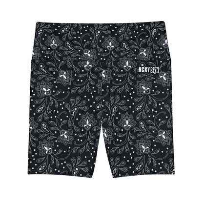 HKY SZN High Waisted Workout Shorts (Black Paisley)