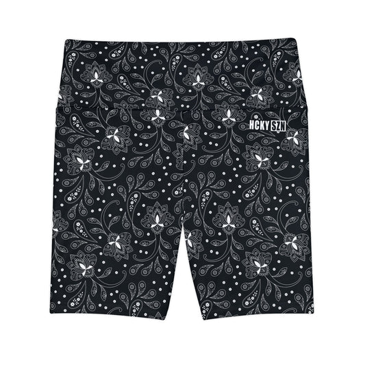 HKY SZN High Waisted Workout Shorts (Black Paisley)