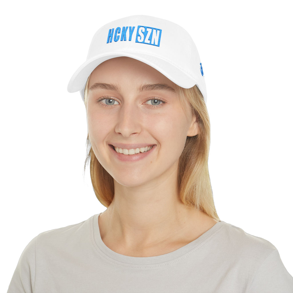 HCKY SZN Low Profile Embroidered Baseball Cap - White (Sky Blue Logo)