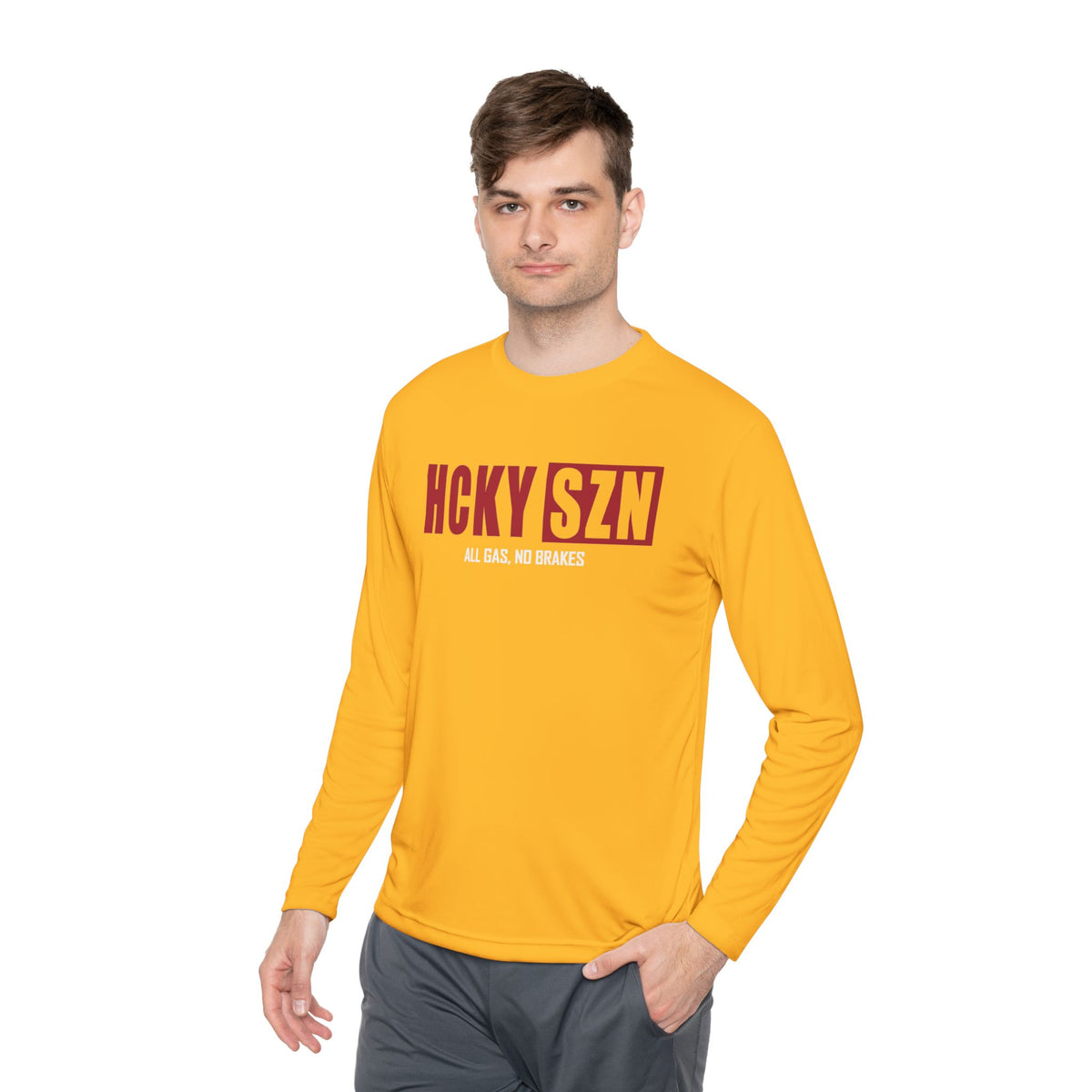 HCKYSZN (All Gas) Long Sleeve Adult Performance Tee - Gold/Cardinal/White