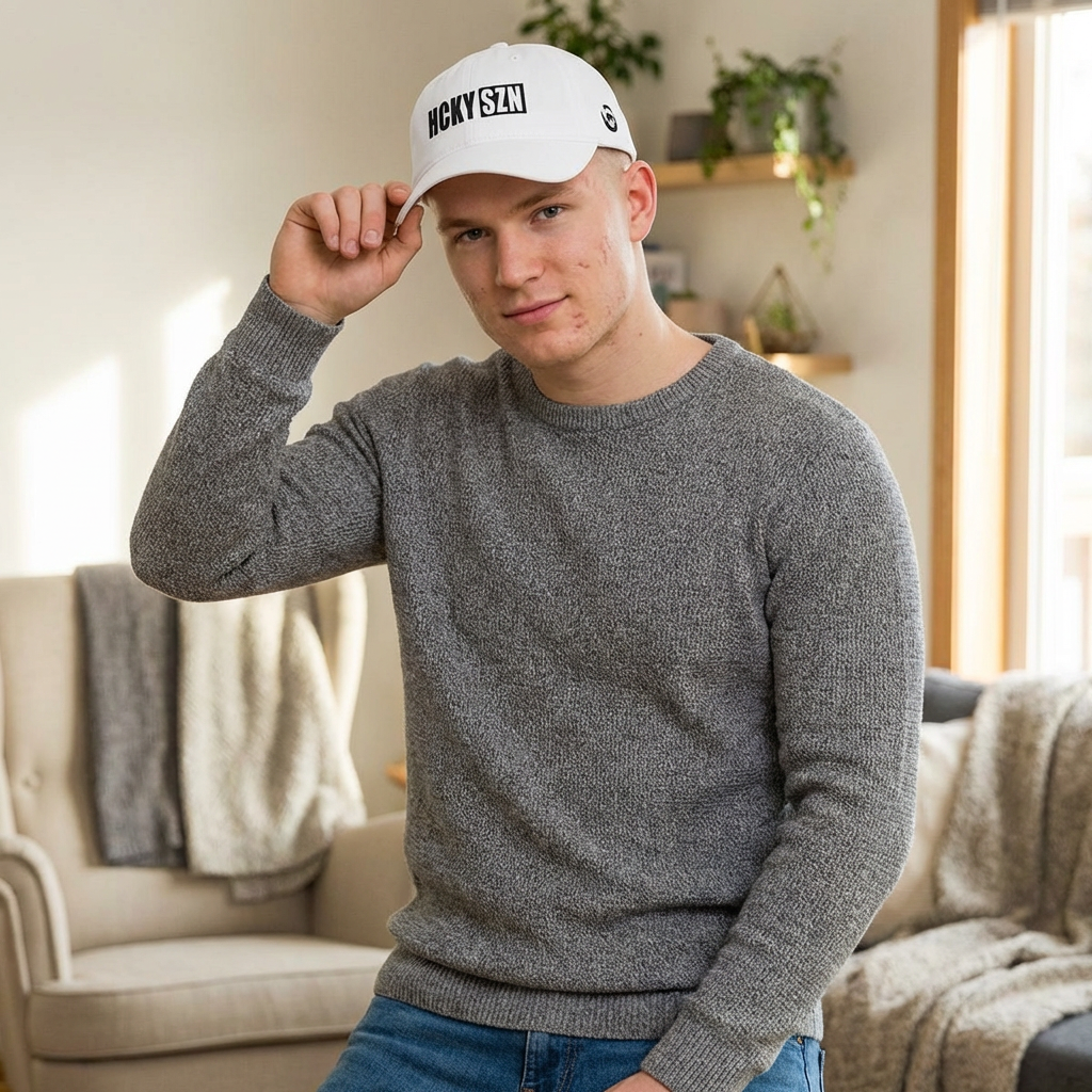 HCKY SZN Low Profile Embroidered Baseball Cap - White (Black Logo)