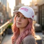 HCKY SZN Low Profile Embroidered Baseball Cap - White (Hot Pink Logo)