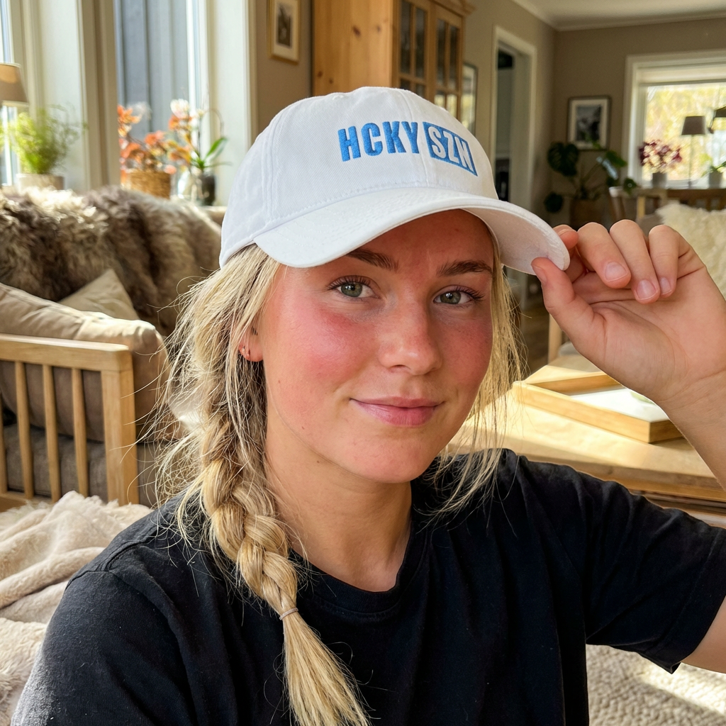 HCKY SZN Low Profile Embroidered Baseball Cap - White (Sky Blue Logo)