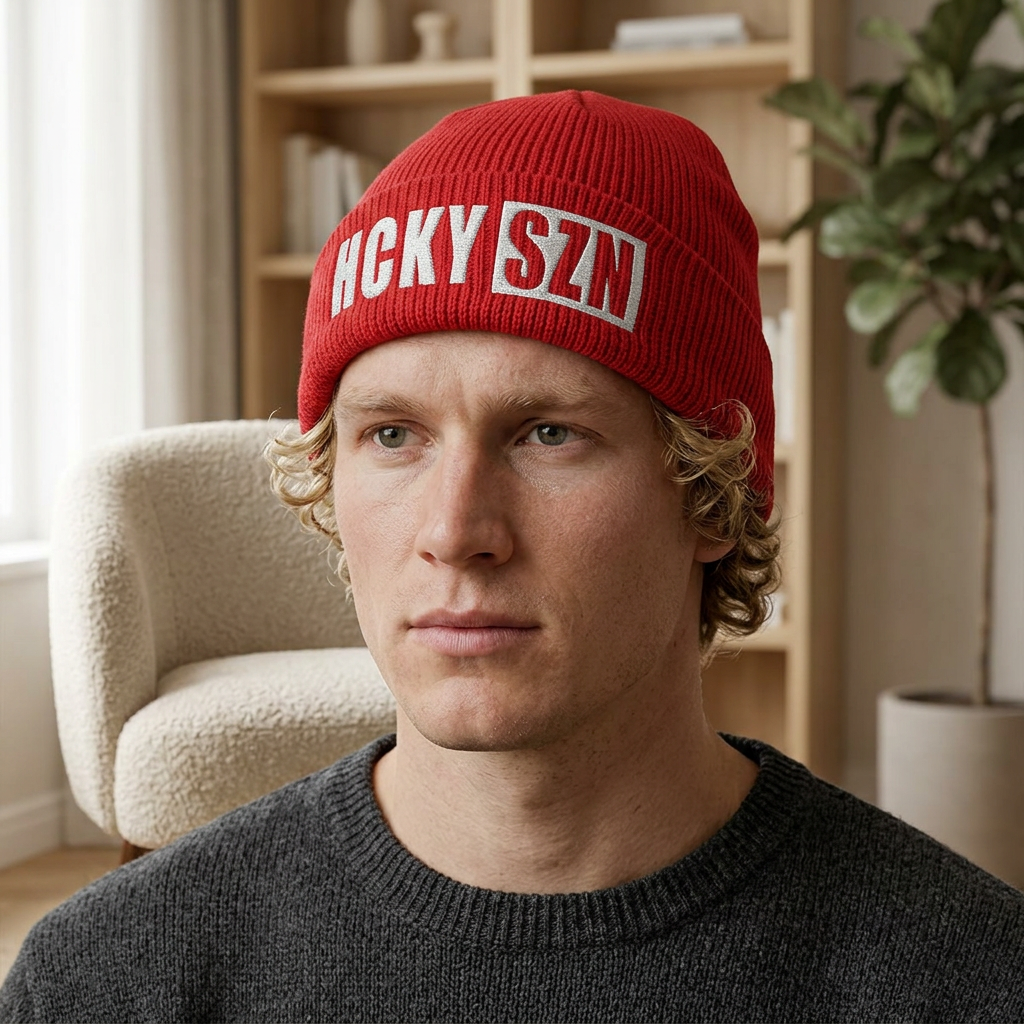 HCKY SZN Embroidered Fisherman Knit Beanie - Red