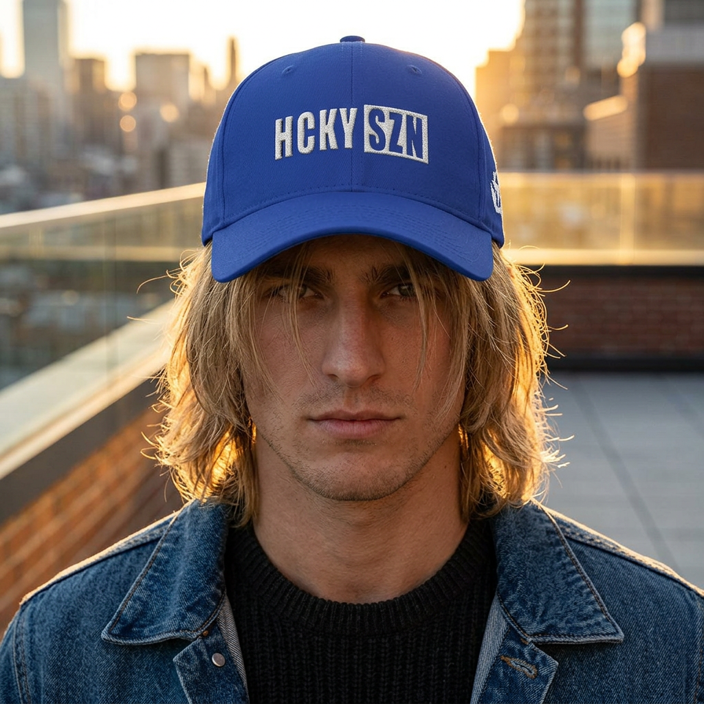 HCKY SZN Low Profile Embroidered Baseball Cap - Blue (White Logo)