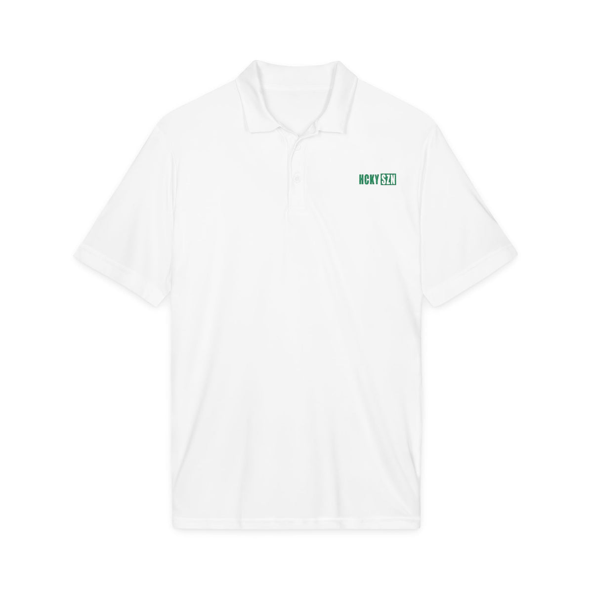 HCKY SZN Embroidered Performance Hockey Polo (White/Green Logo)