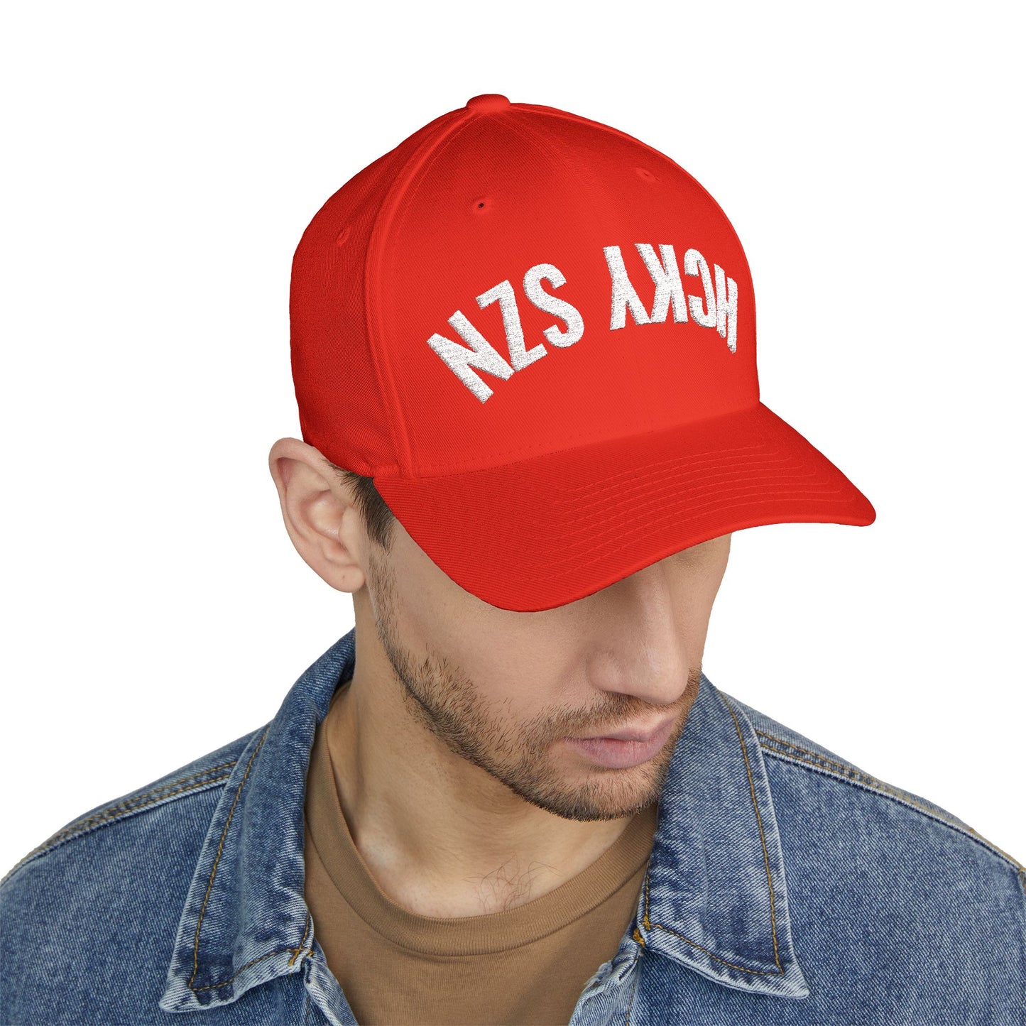 Upside Down HCKY SZN Embroidered Flex Fit Hat (Red/White)