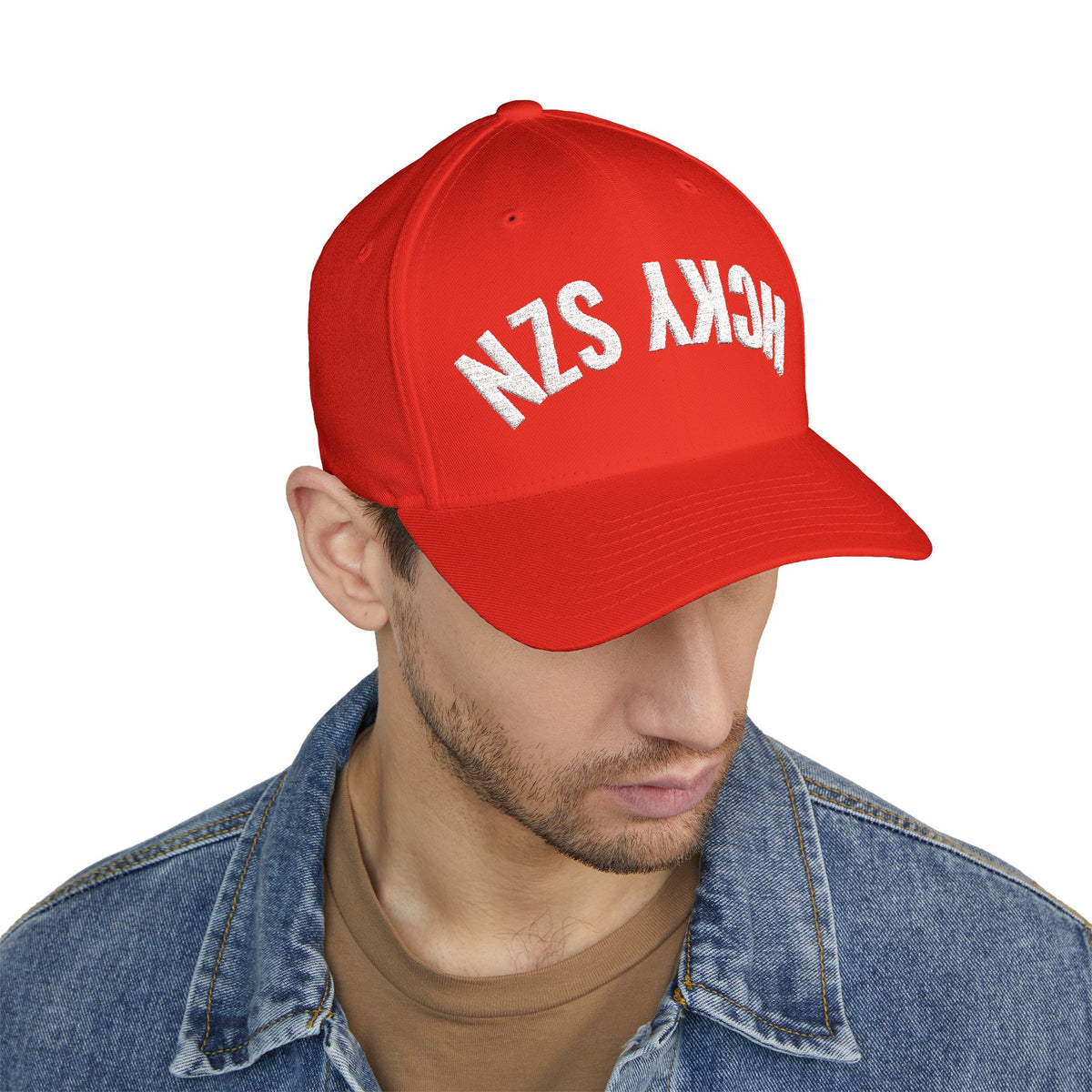 Upside Down HCKY SZN Embroidered Flex Fit Hat (Red/White)
