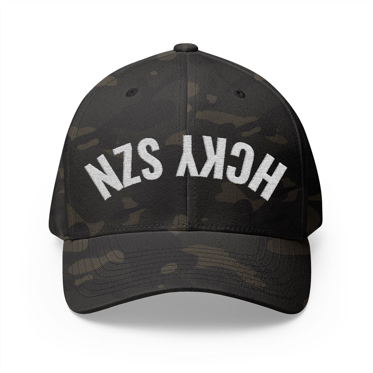 Upside Down HCKY SZN Embroidered Flex Fit Hat (Black Camo)