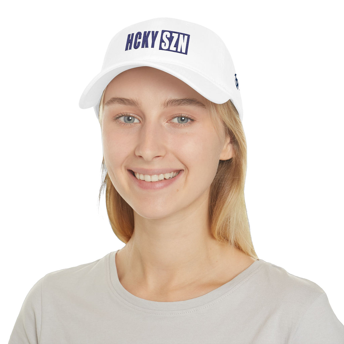 HCKY SZN Low Profile Embroidered Baseball Cap - White (Blue Logo)