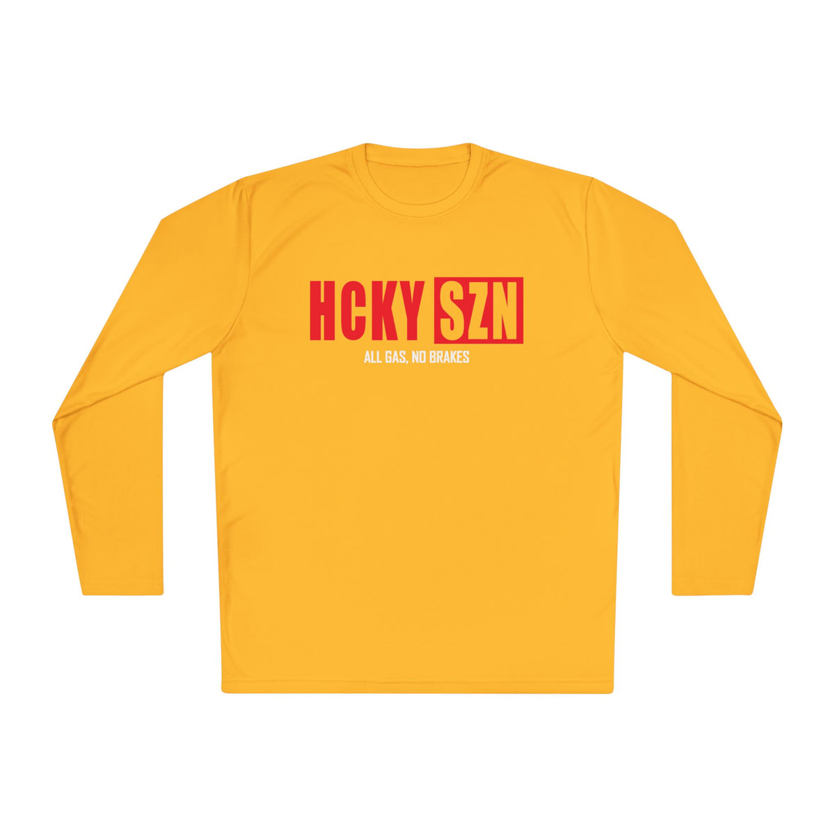 HCKYSZN (All Gas) Long Sleeve Adult Performance Tee - Gold/Cherry Red/White