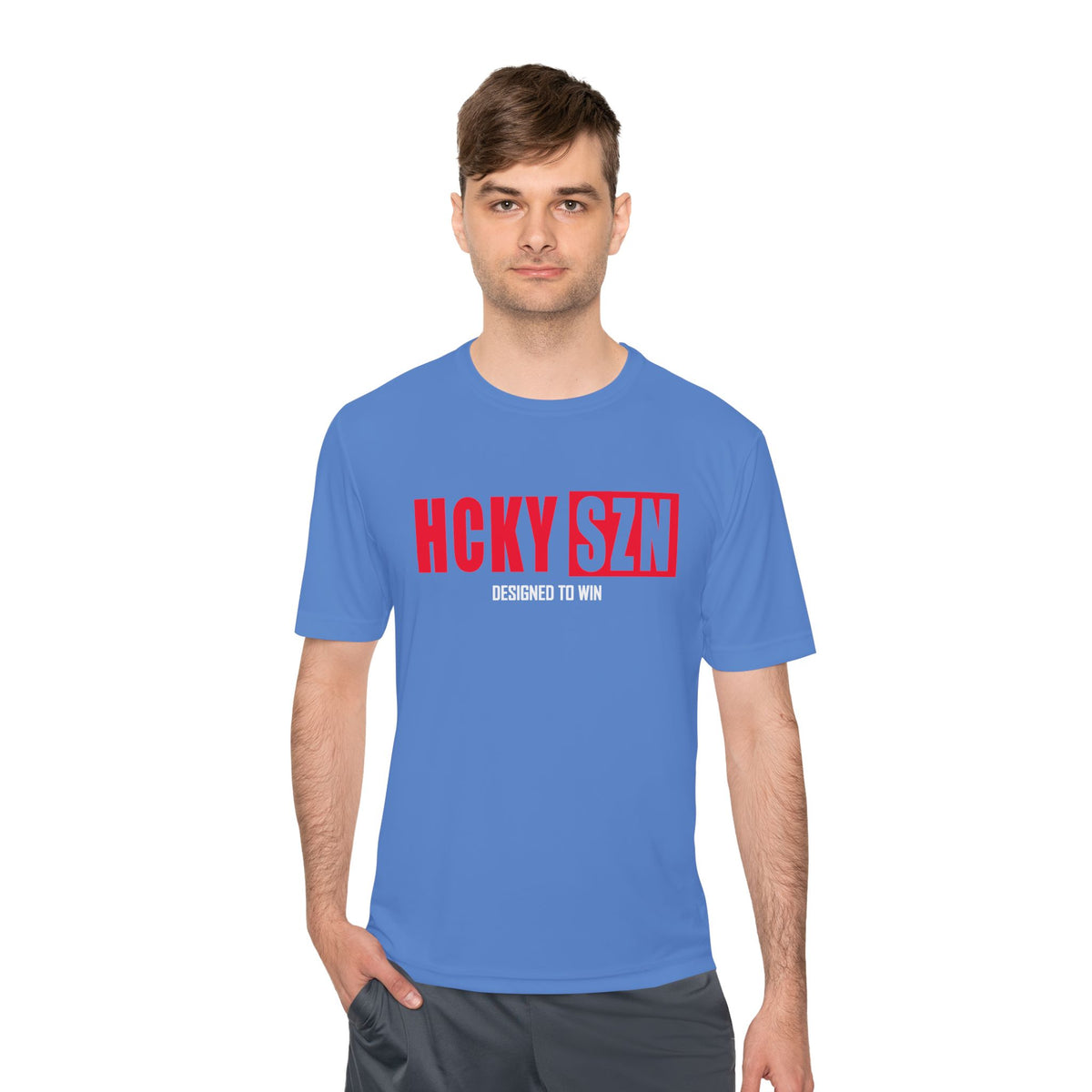HCKYSZN (Designed to Win) Adult Performance Tee - Carolina/Cherry/White