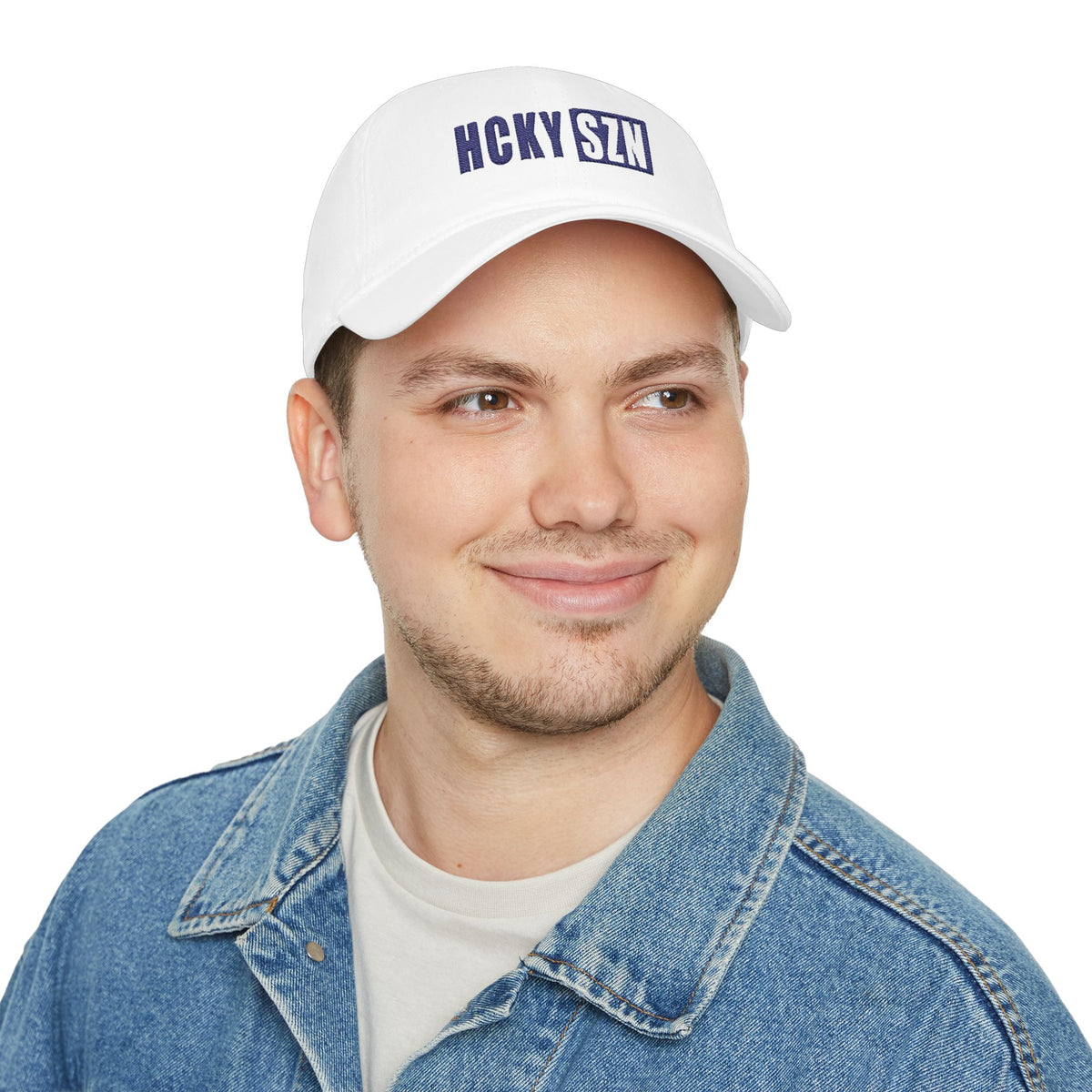 HCKY SZN Low Profile Embroidered Baseball Cap - White (Blue Logo)