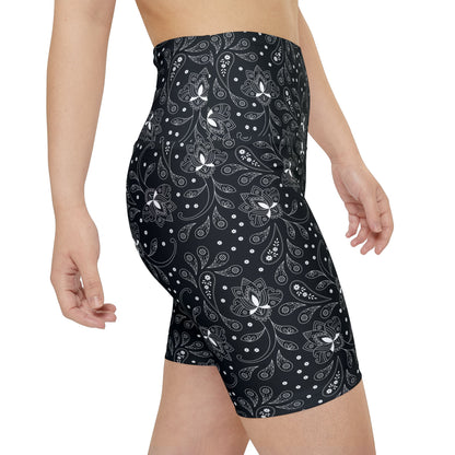 HKY SZN High Waisted Workout Shorts (Black Paisley)