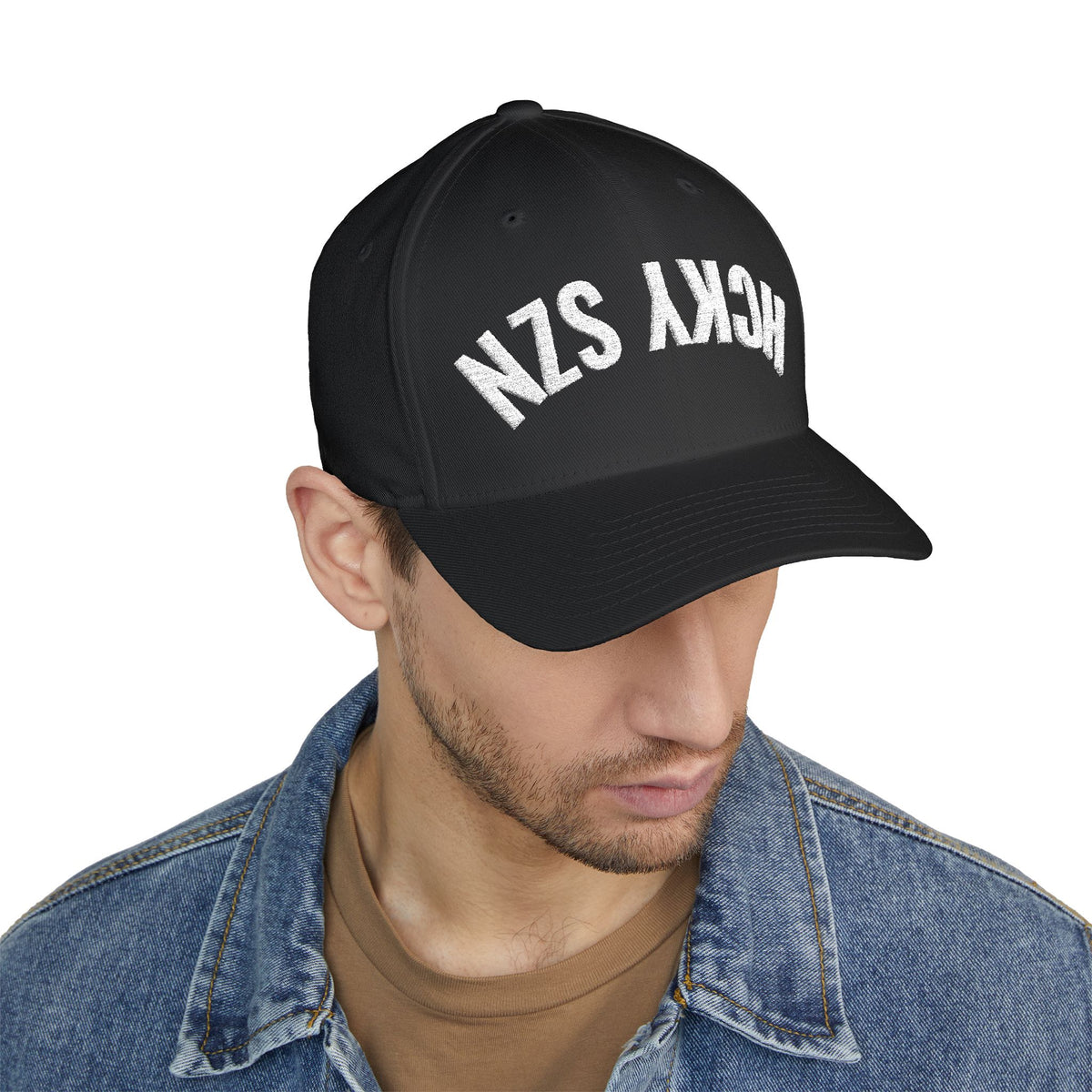 Upside Down HCKY SZN Embroidered Flex Fit Hat (Black/White)