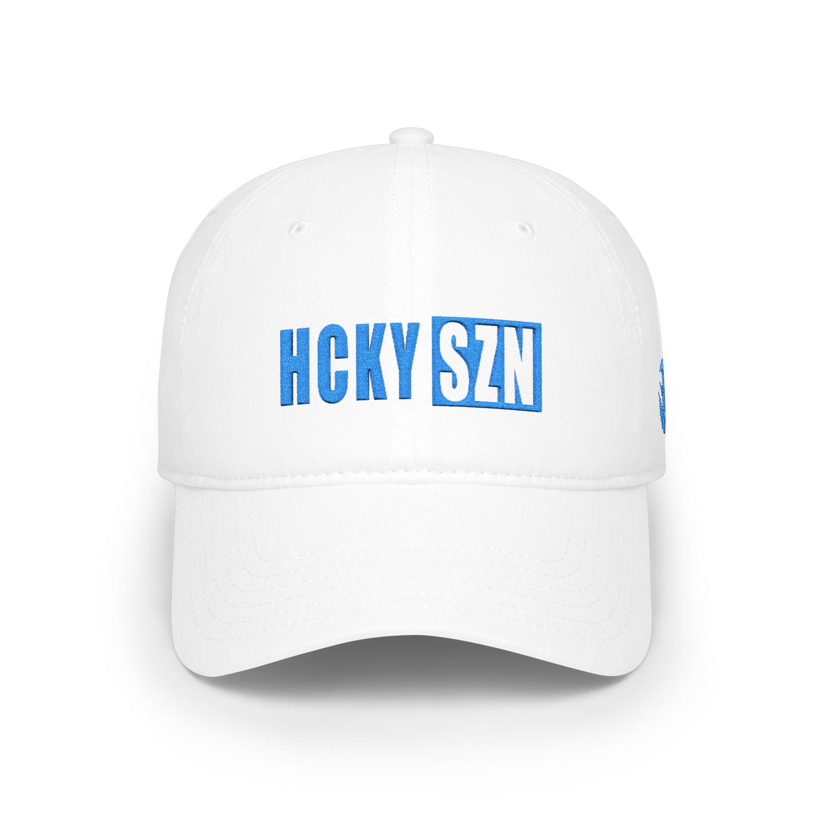 HCKY SZN Low Profile Embroidered Baseball Cap - White (Sky Blue Logo)