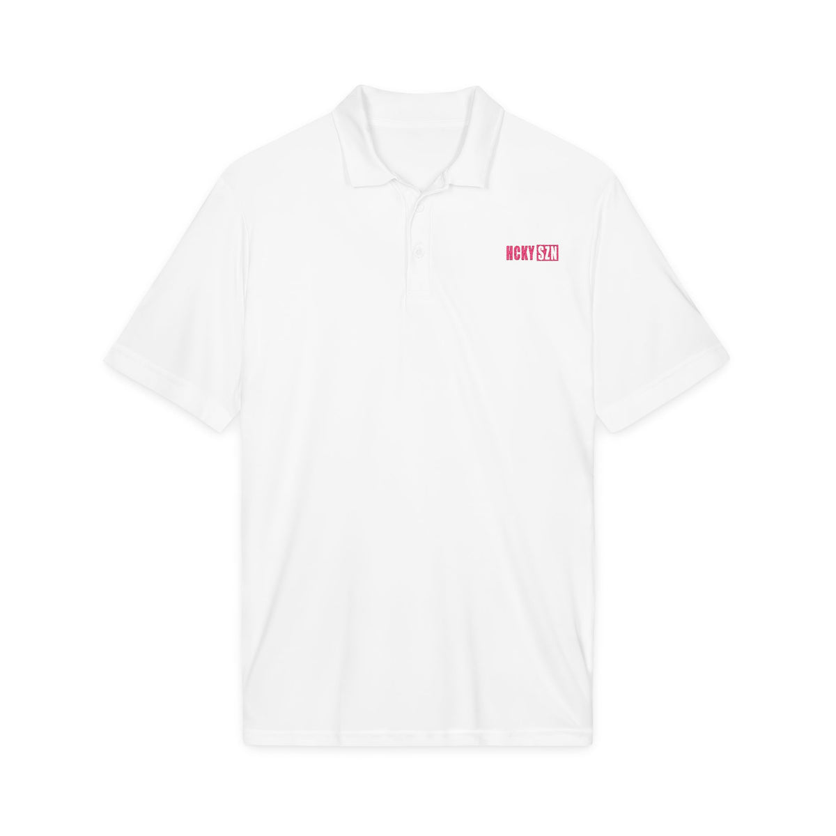 HCKY SZN Embroidered Performance Hockey Polo (White/Hot Pink Logo)