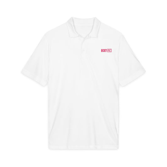 HCKY SZN Embroidered Performance Hockey Polo (White/Hot Pink Logo)