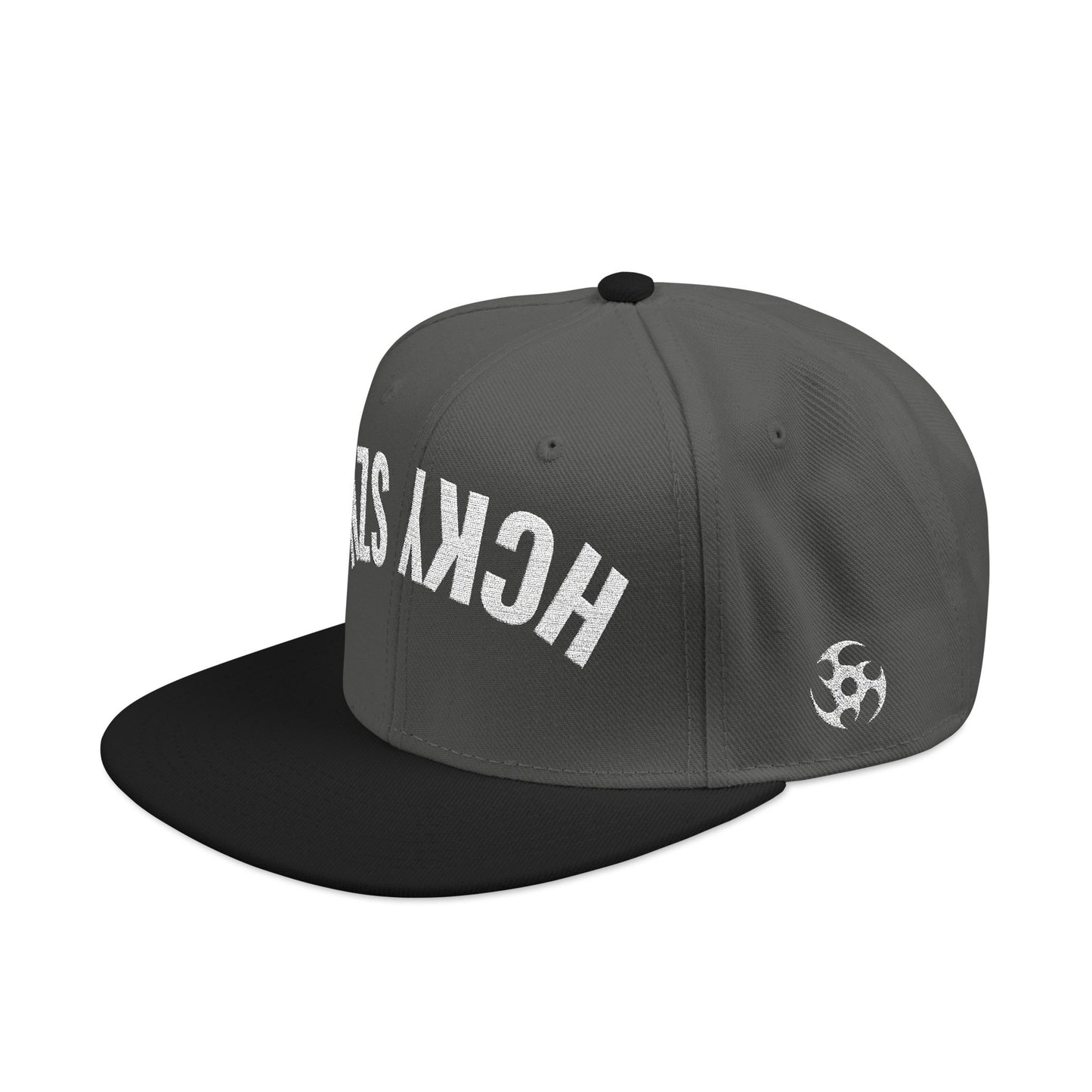 Upside Down HCKY SZN Embroidered Snapback Hat (Black/Charcoal)