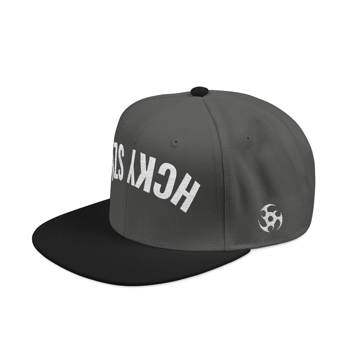 Upside Down HCKY SZN Embroidered Snapback Hat (Black/Charcoal)