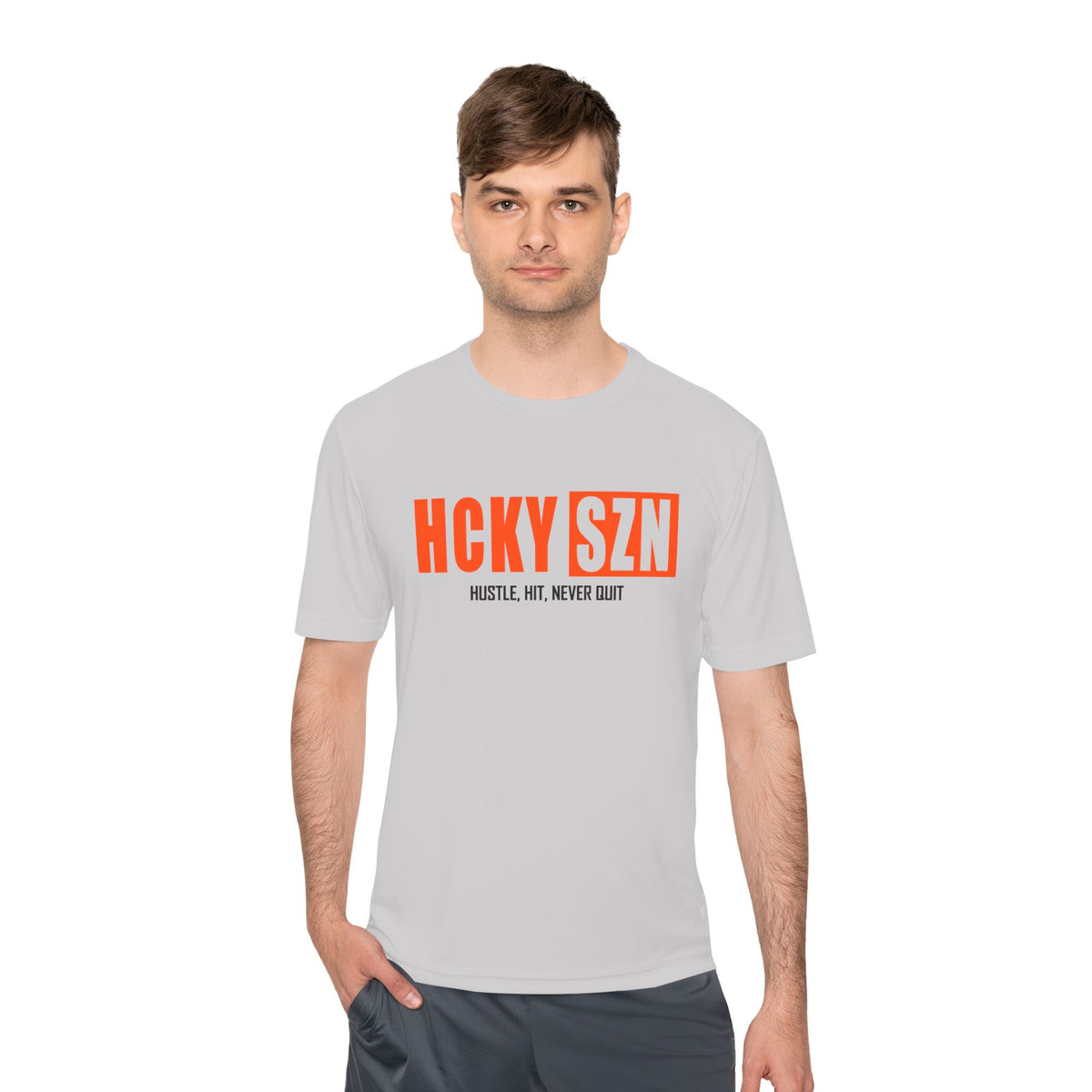 HCKYSZN (Hustle Hit) Adult Performance Tee - Silver/Orange/Black