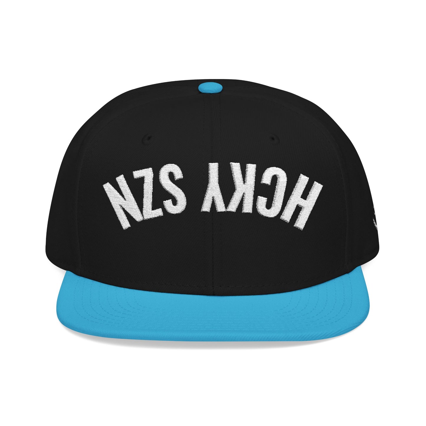 Upside Down HCKY SZN Embroidered Snapback Hat (Black/Aqua)