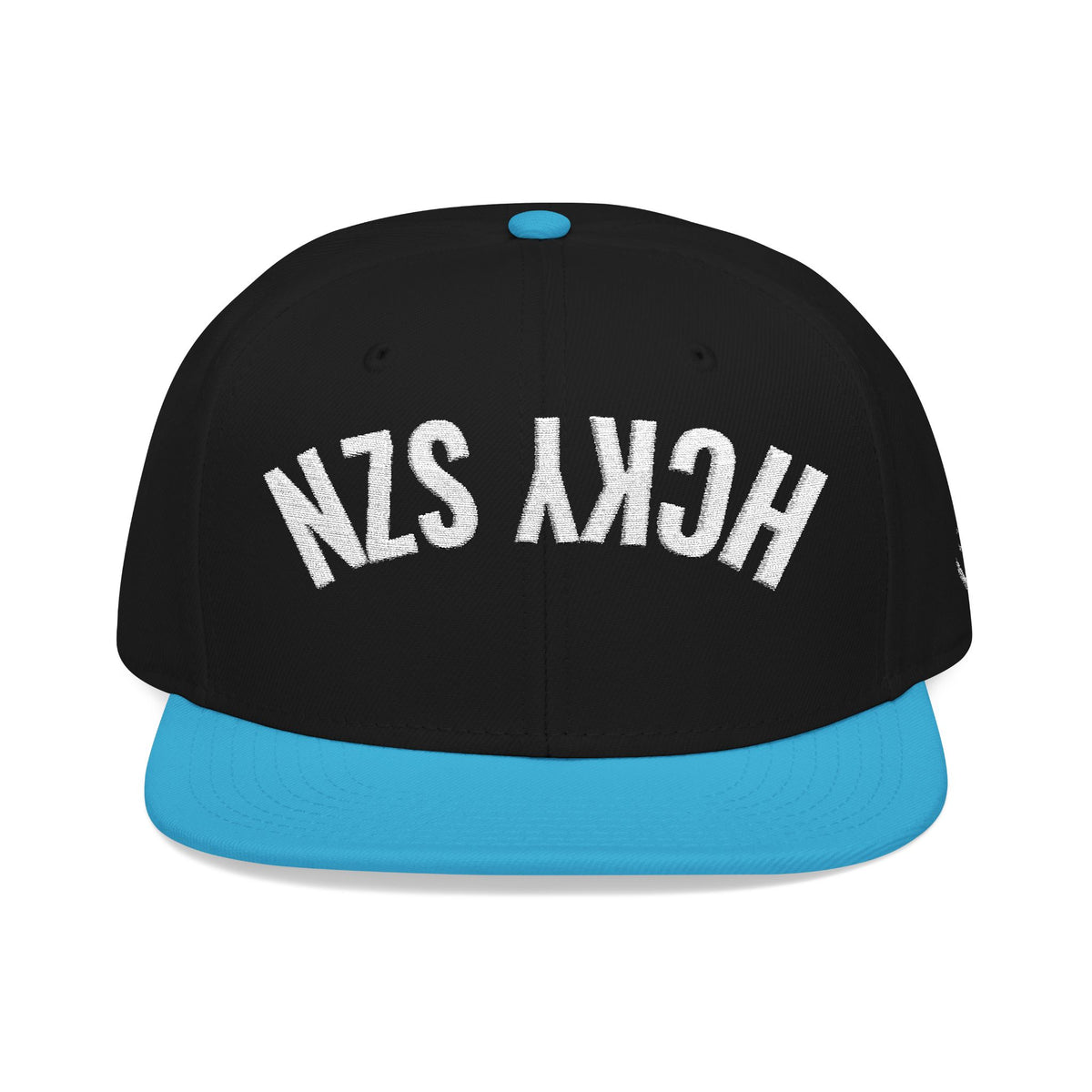 Upside Down HCKY SZN Embroidered Snapback Hat (Black/Aqua)