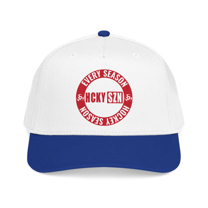 HCKY SZN Circle Logo Mid Profile Baseball Cap (White/Blue/Red)