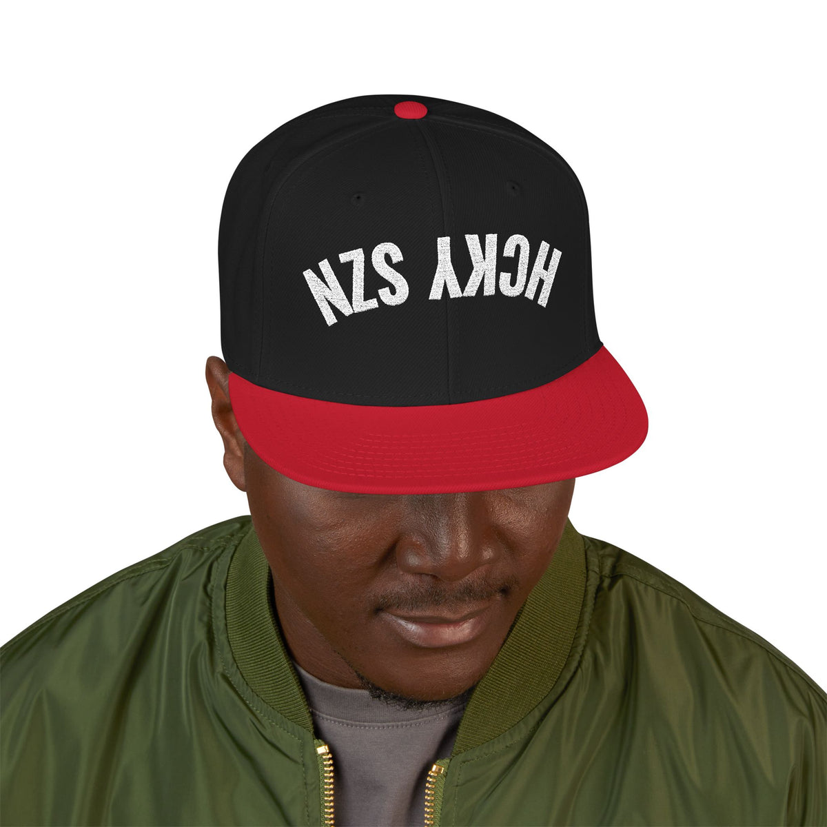 Upside Down HCKY SZN Embroidered Snapback Hat (Black/Red)