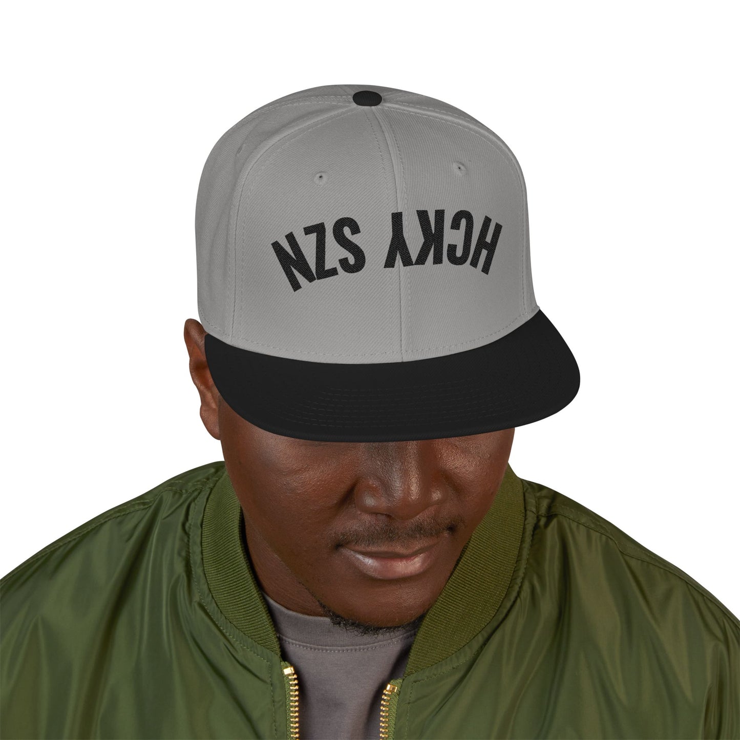 Upside Down HCKY SZN Embroidered Snapback Hat (Grey/Black)