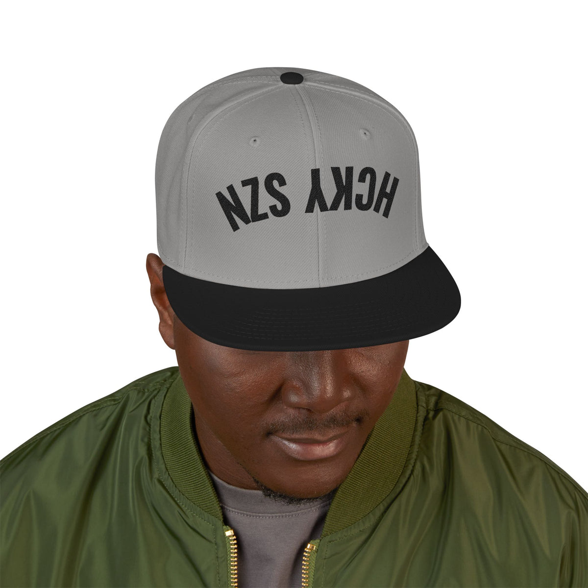 Upside Down HCKY SZN Embroidered Snapback Hat (Grey/Black)