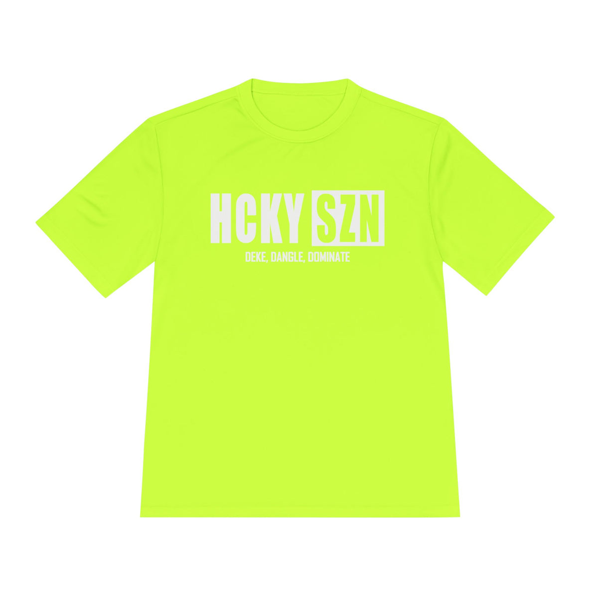 HCKYSZN (Deke Dangle) Adult Performance Tee - Neon Yellow/White/White