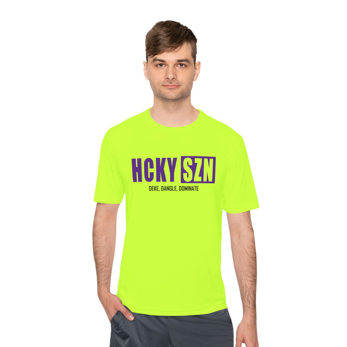 HCKYSZN (Deke Dangle) Adult Performance Tee - Neon Yellow/Purple/Black