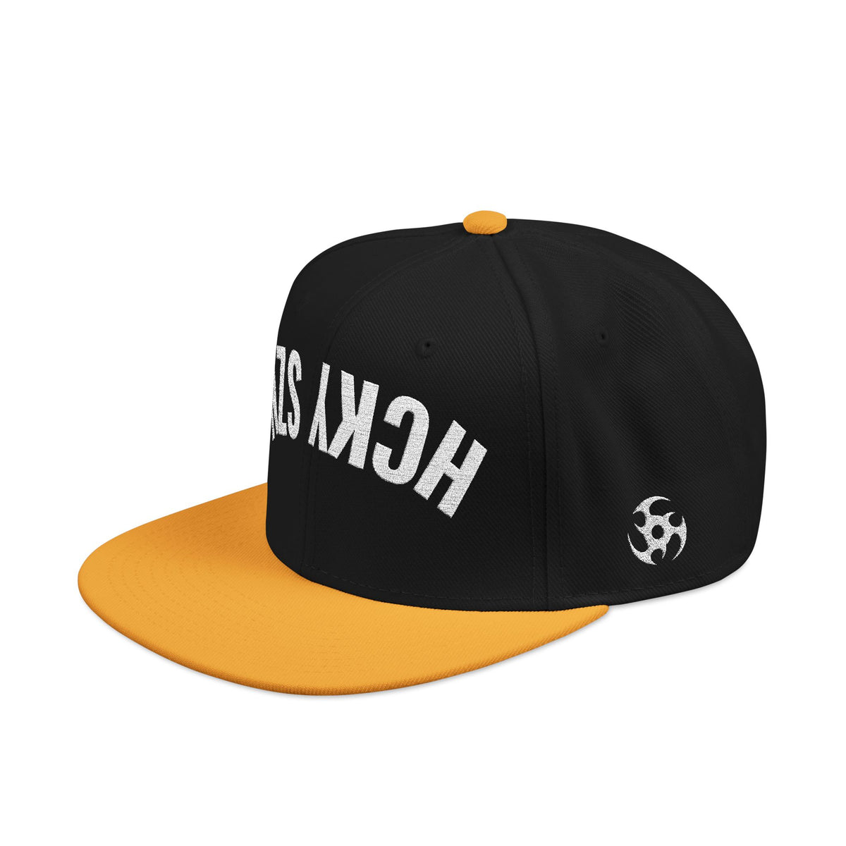 Upside Down HCKY SZN Embroidered Snapback Hat (Black/Gold)