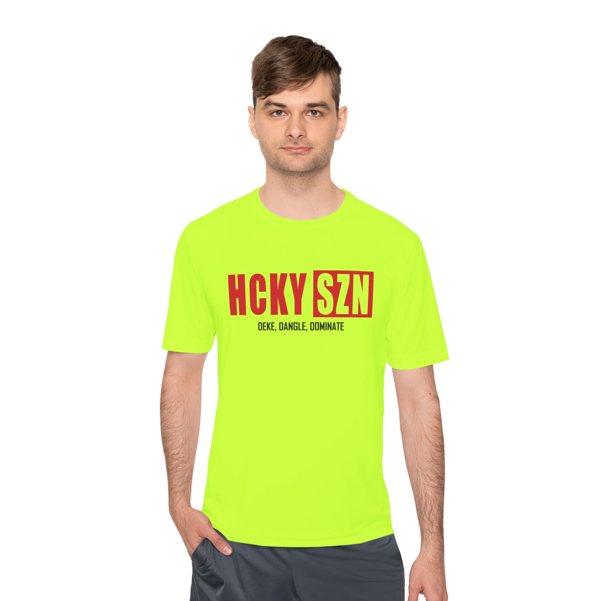HCKYSZN (Deke Dangle) Adult Performance Tee - Neon Yellow/Red/Black