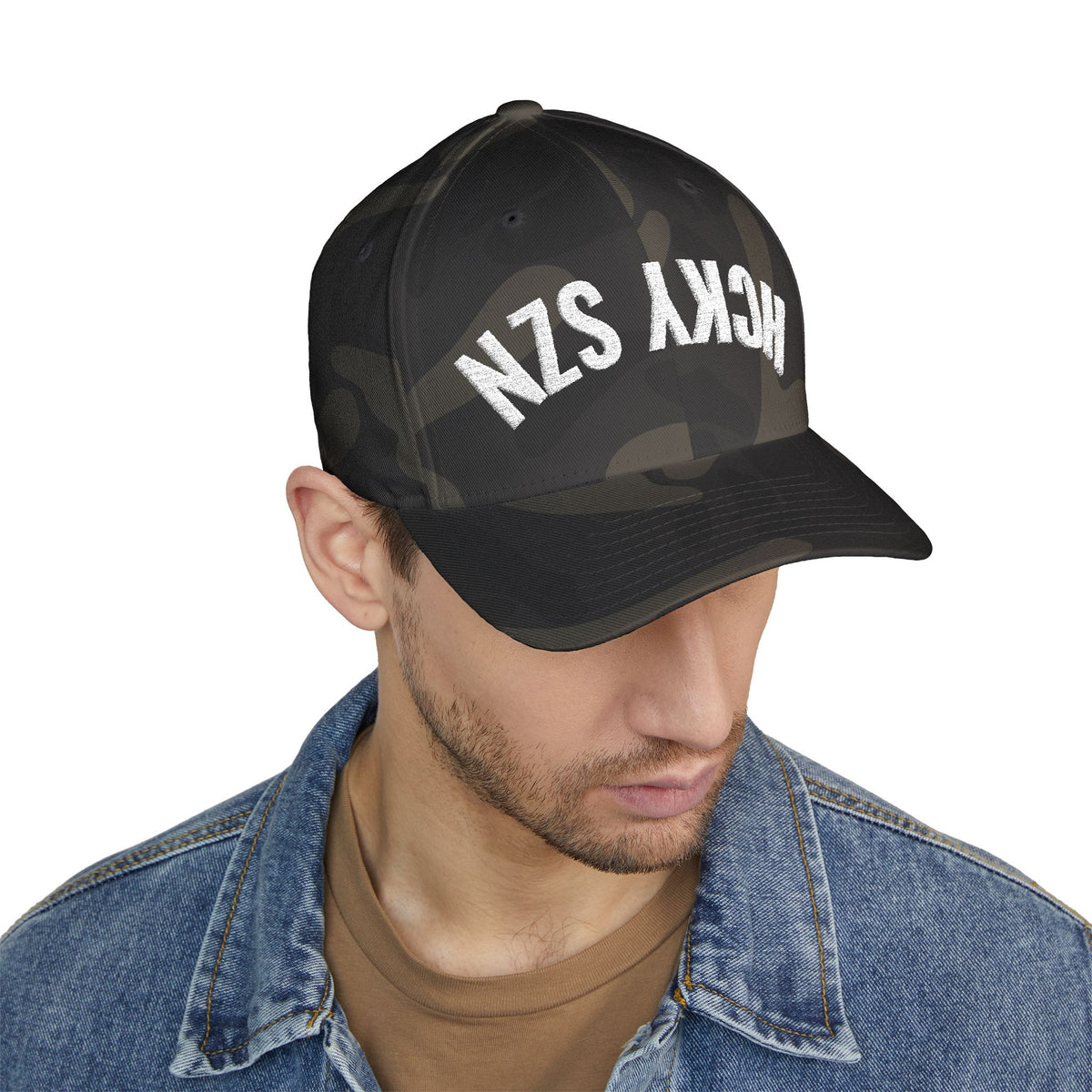 Upside Down HCKY SZN Embroidered Flex Fit Hat (Black Camo)