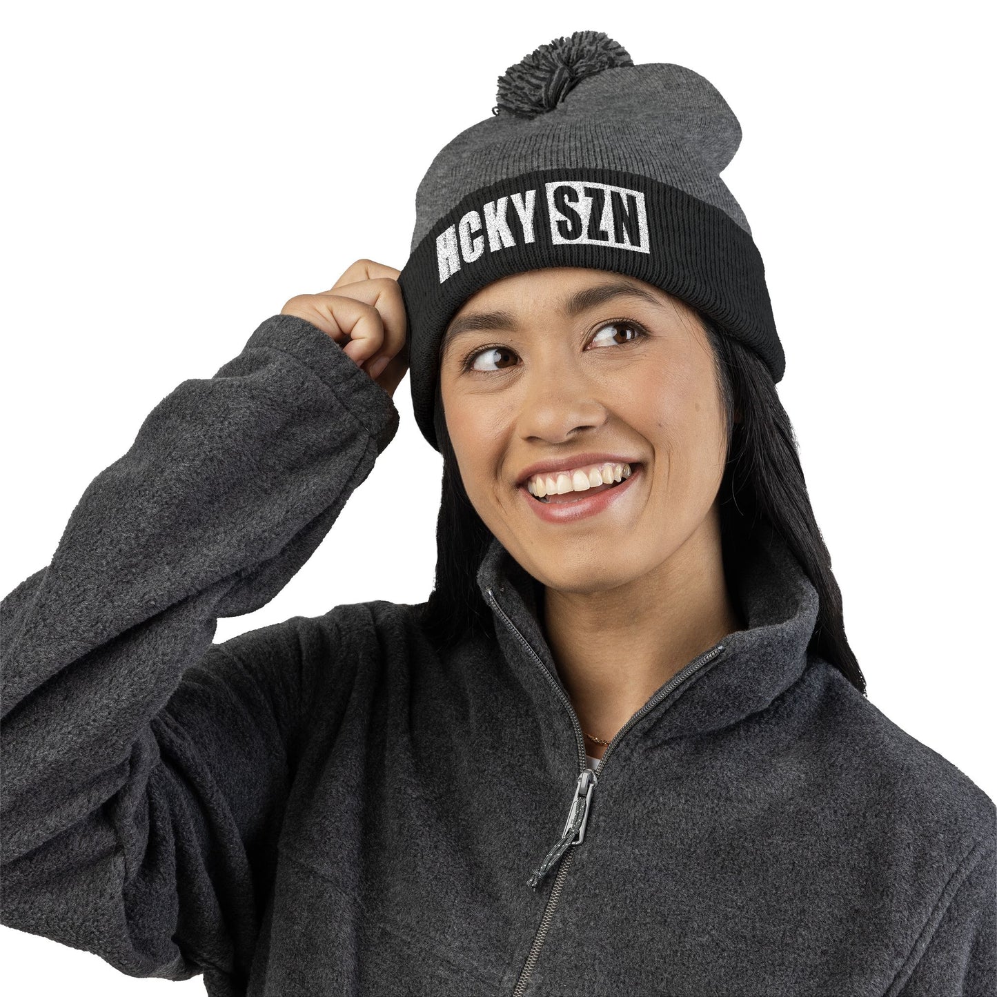 HCKY SZN Embroidered Pom-Pom Beanie - Dark Grey/Black