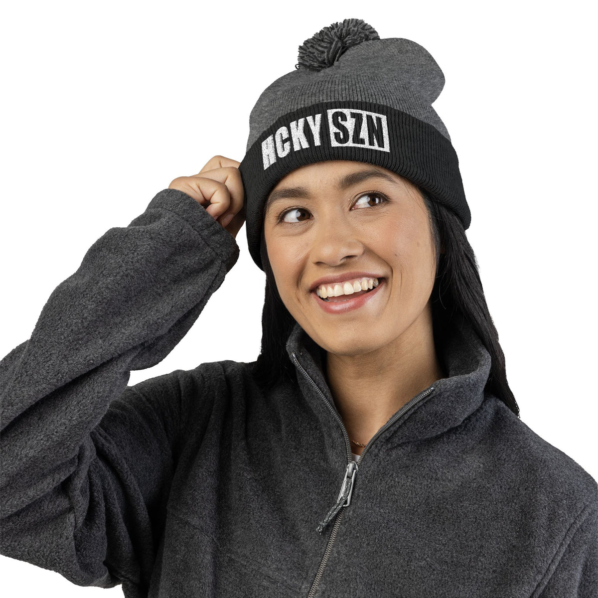 HCKY SZN Embroidered Pom-Pom Beanie - Dark Grey/Black