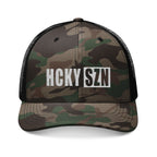 HCKY SZN Embroidered Black Camo Trucker Hat