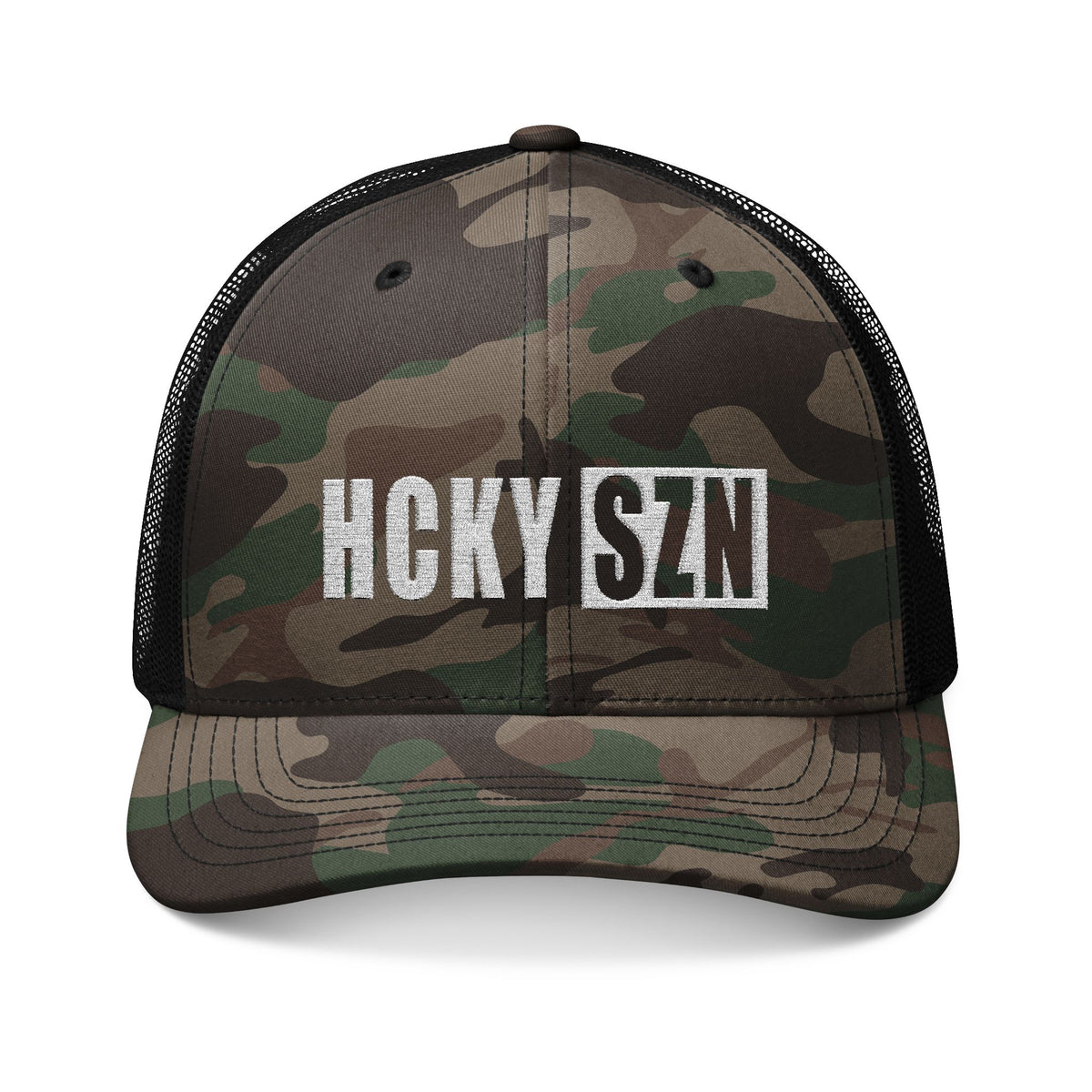 HCKY SZN Embroidered Black Camo Trucker Hat