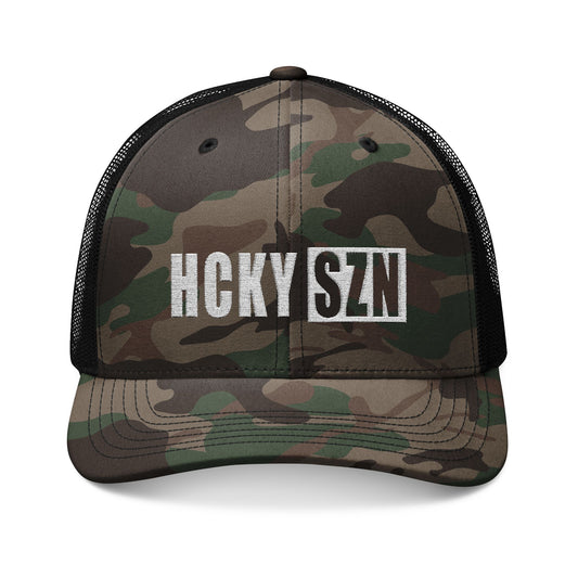 HCKY SZN Embroidered Black Camo Trucker Hat