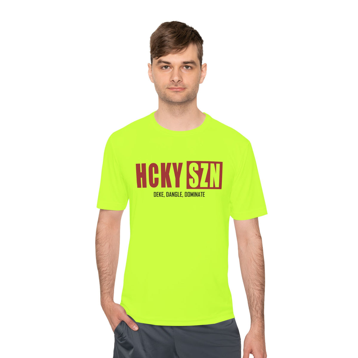 HCKYSZN (Deke Dangle) Adult Performance Tee - Neon Yellow/Cardinal/Black