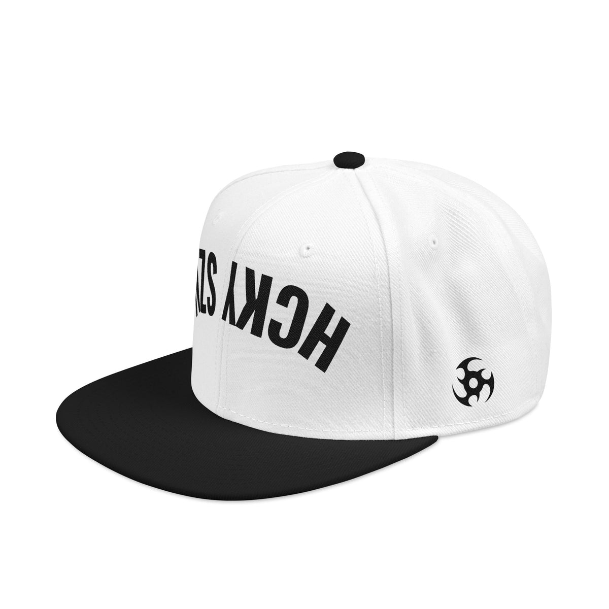 Upside Down HCKY SZN Embroidered Snapback Hat (White/Black)