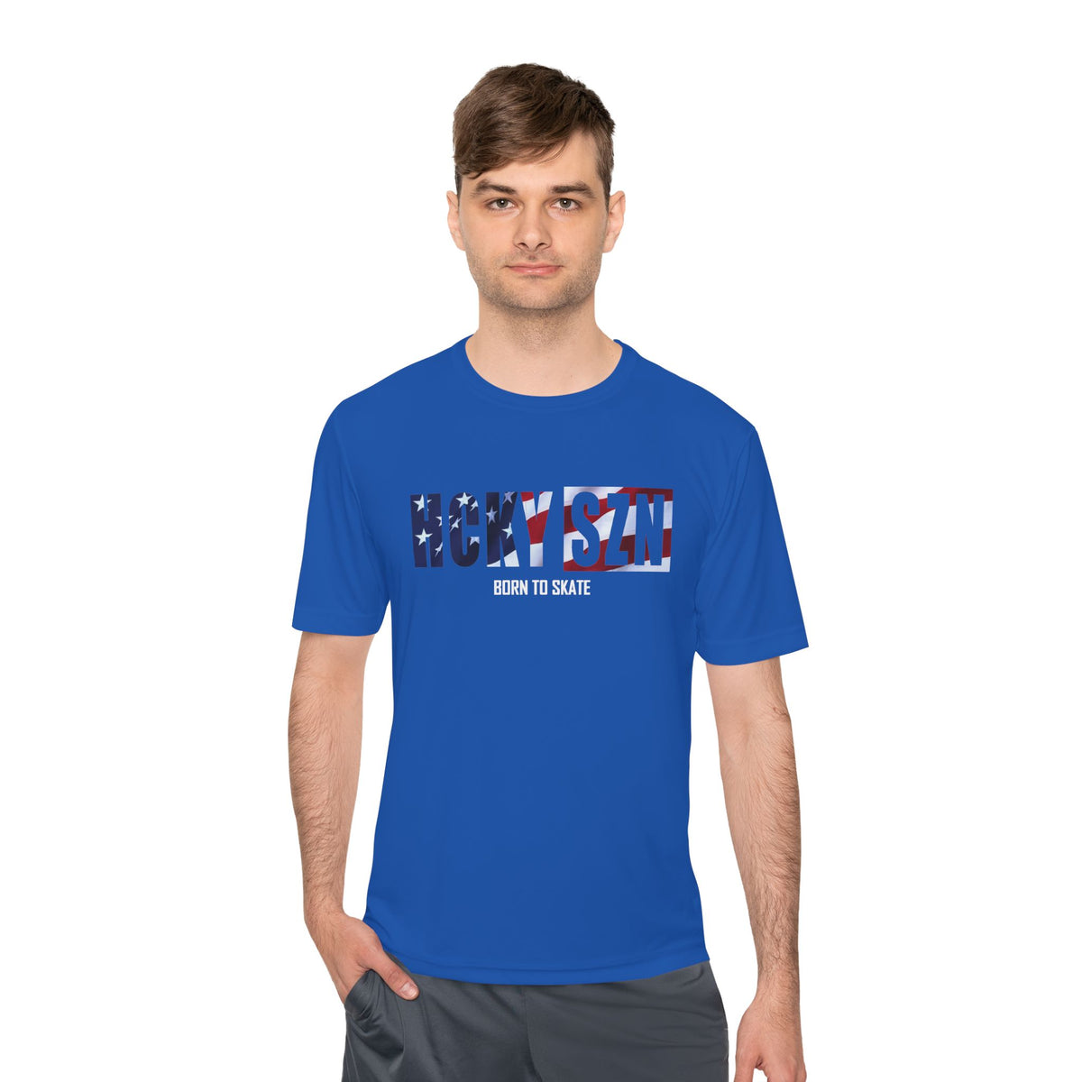 HCKYSZN (Born to Skate) Adult Performance Tee - Royal/USA/White
