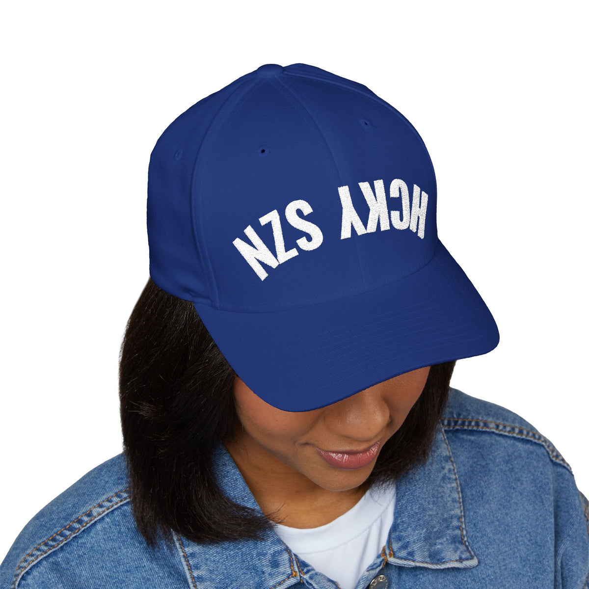 Upside Down HCKY SZN Embroidered Flex Fit Hat (Royal/White)